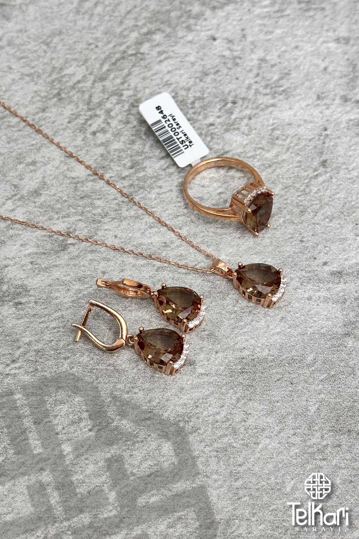 Taş Detaylı Damla Model Renk Değiştiren Sultan Taşlı Rose Gümüş Üçlü Set