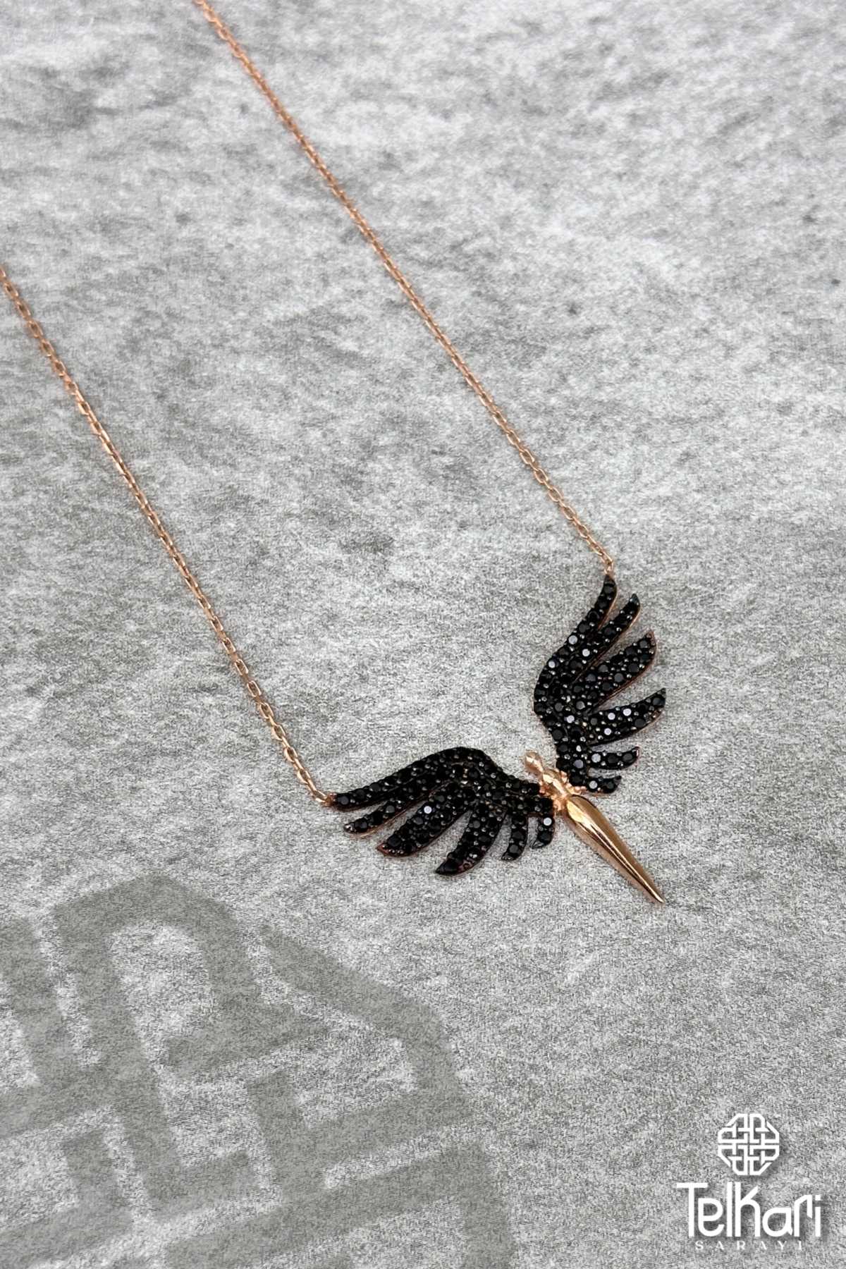 Angel Siyah Kanat Melek Rose Gümüş Kolye