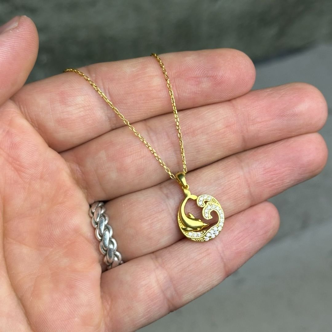 Balık Dalga Model Gold Kaplama 925 Ayar Gümüş Kolye