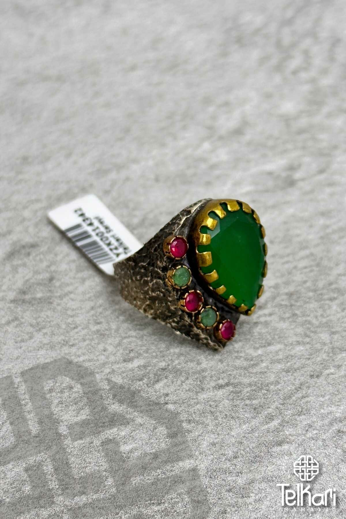 Damla Model Kök Zümrüt ve Kök Yakut Taşlı Otantik Gümüş Yüzük