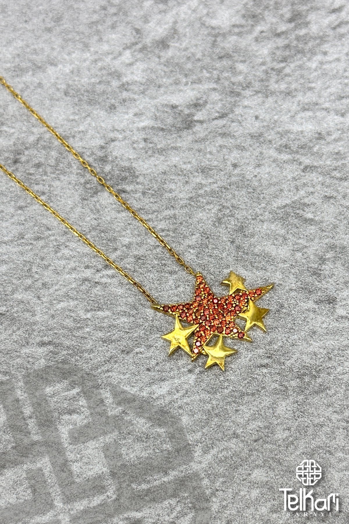 Taşlı 5 Yıldız Gold Gümüş Kolye