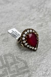 Kök Yakut Taşlı Damla Motif Özel Tasarım Otantik Gümüş Yüzük