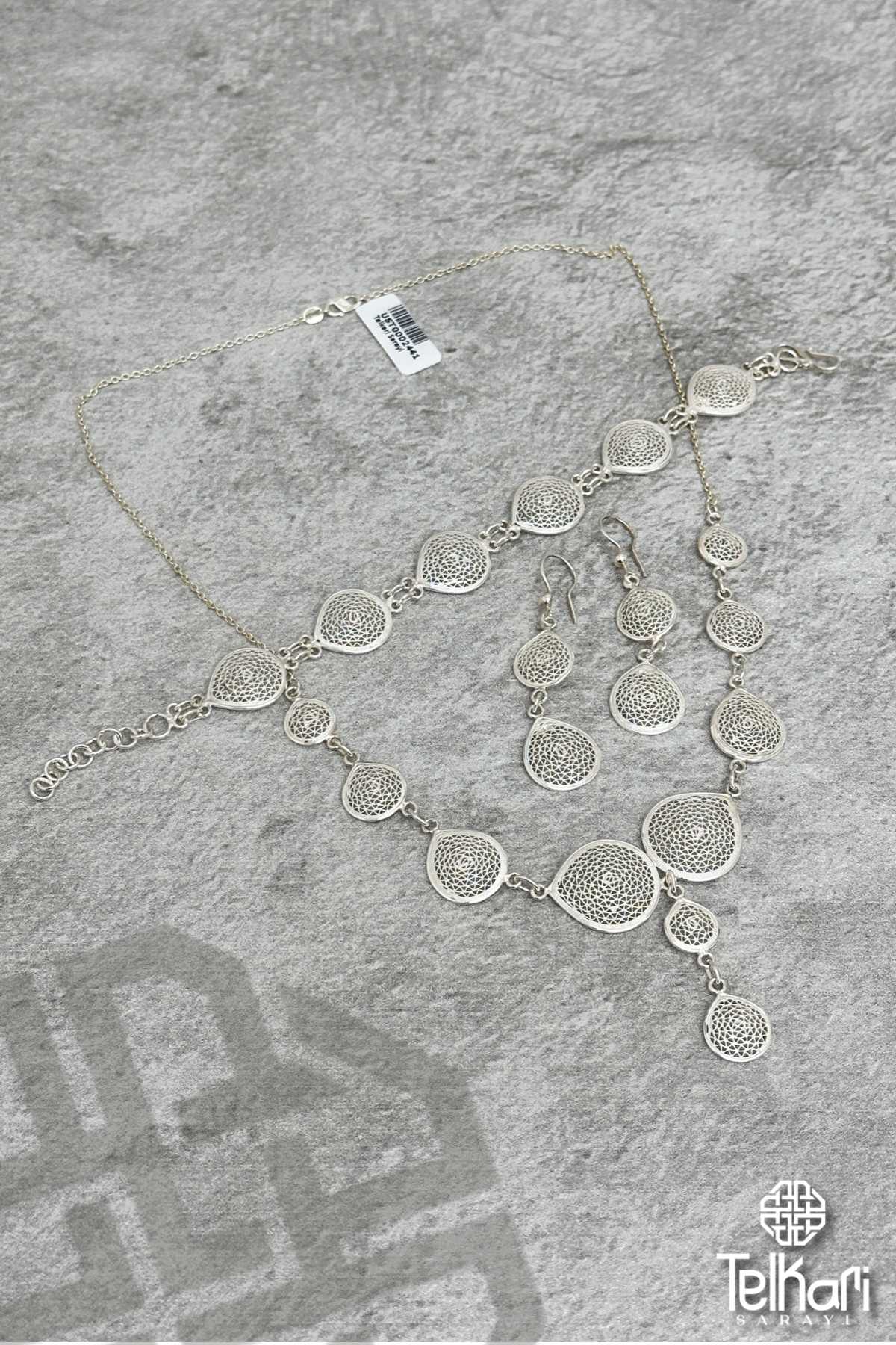 Damla Örgü Model Telkari Gümüş Üçlü Set