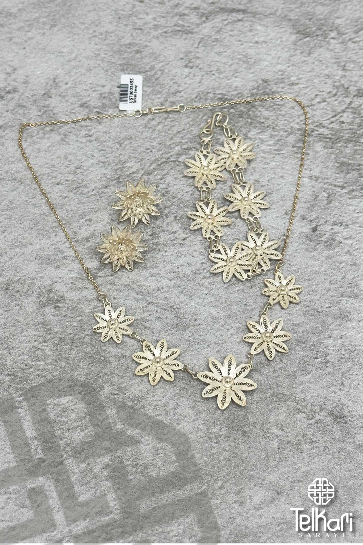 Çiçek Model Sallantılı El İşçiliği Telkari Gümüş Üçlü Set