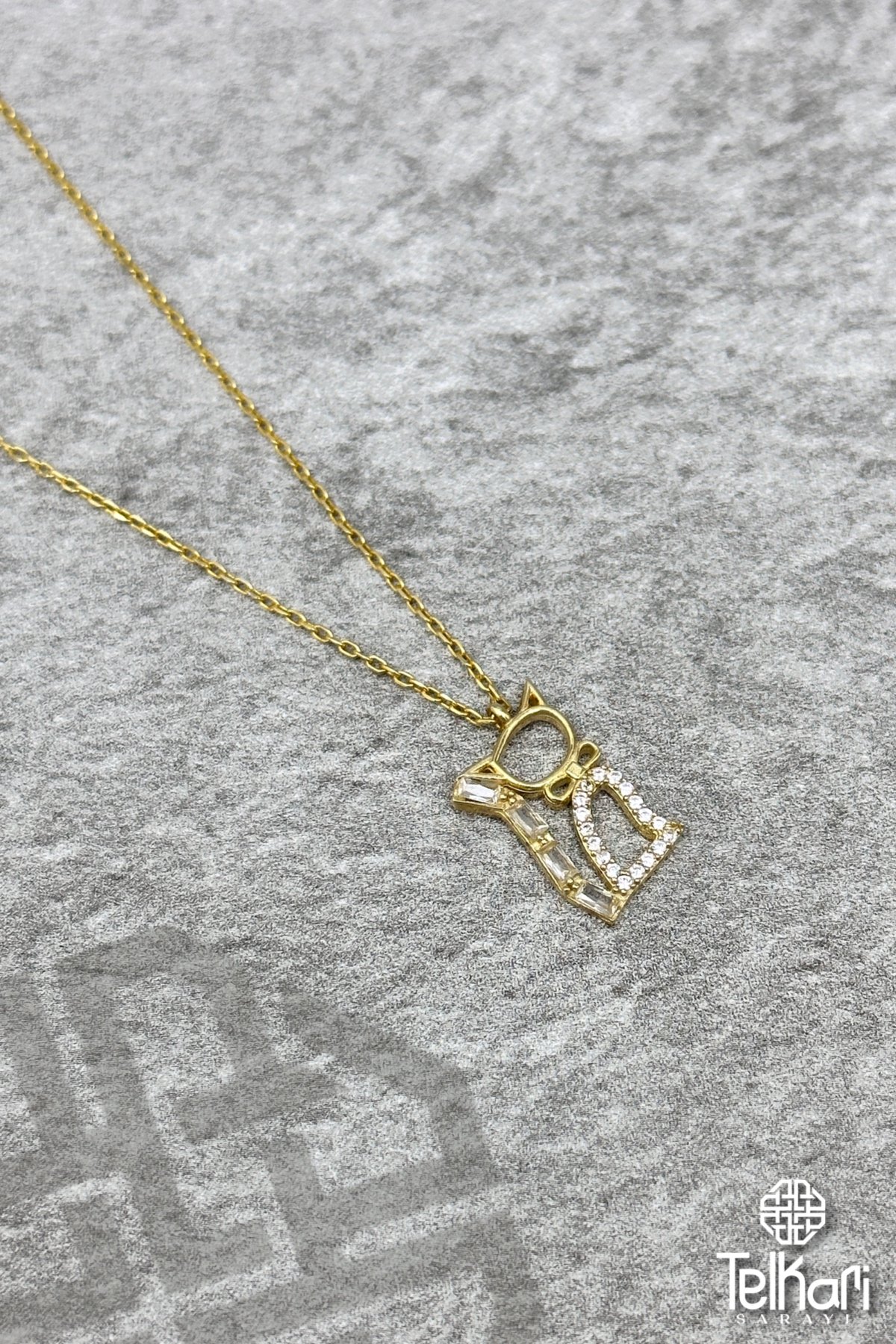 Taşlı Kedi Gold Gümüş Kolye