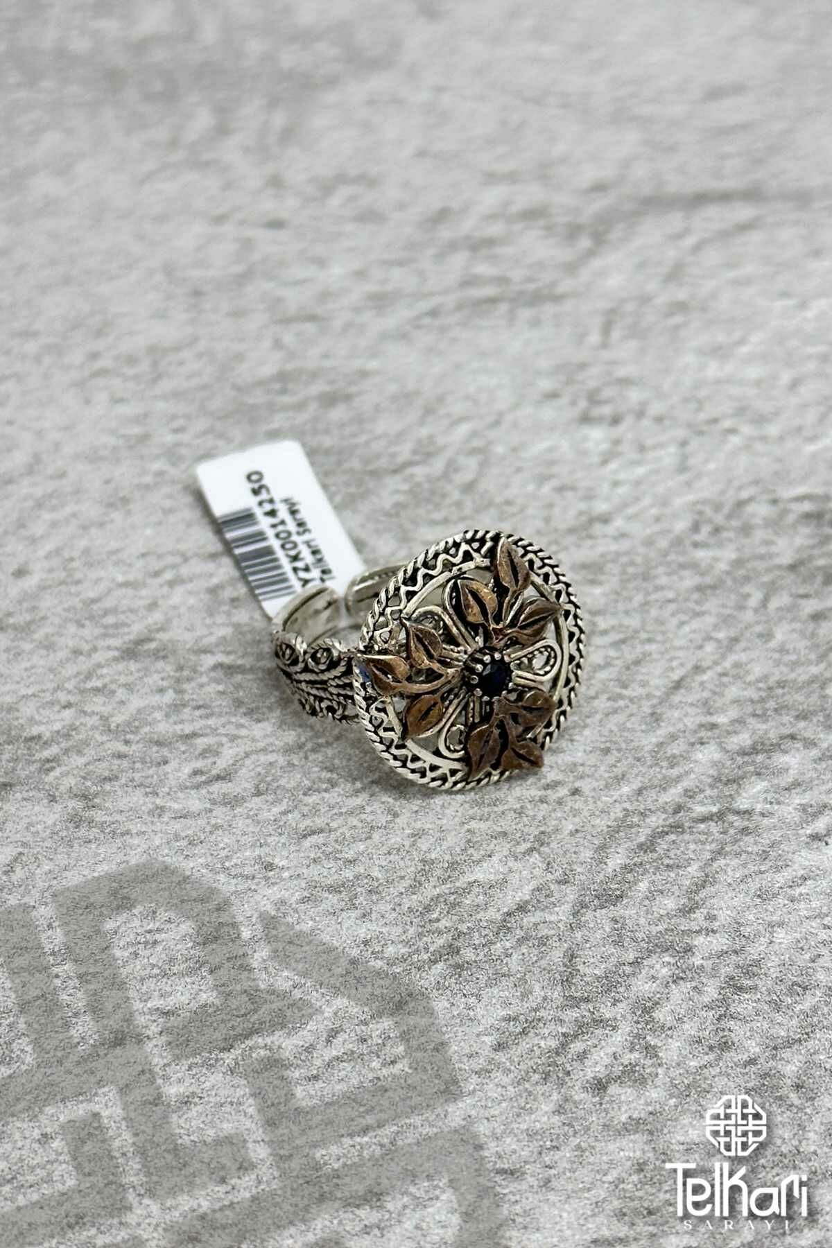 Safir Taşlı Midyat Oksitli Telkari Gümüş Yüzük
