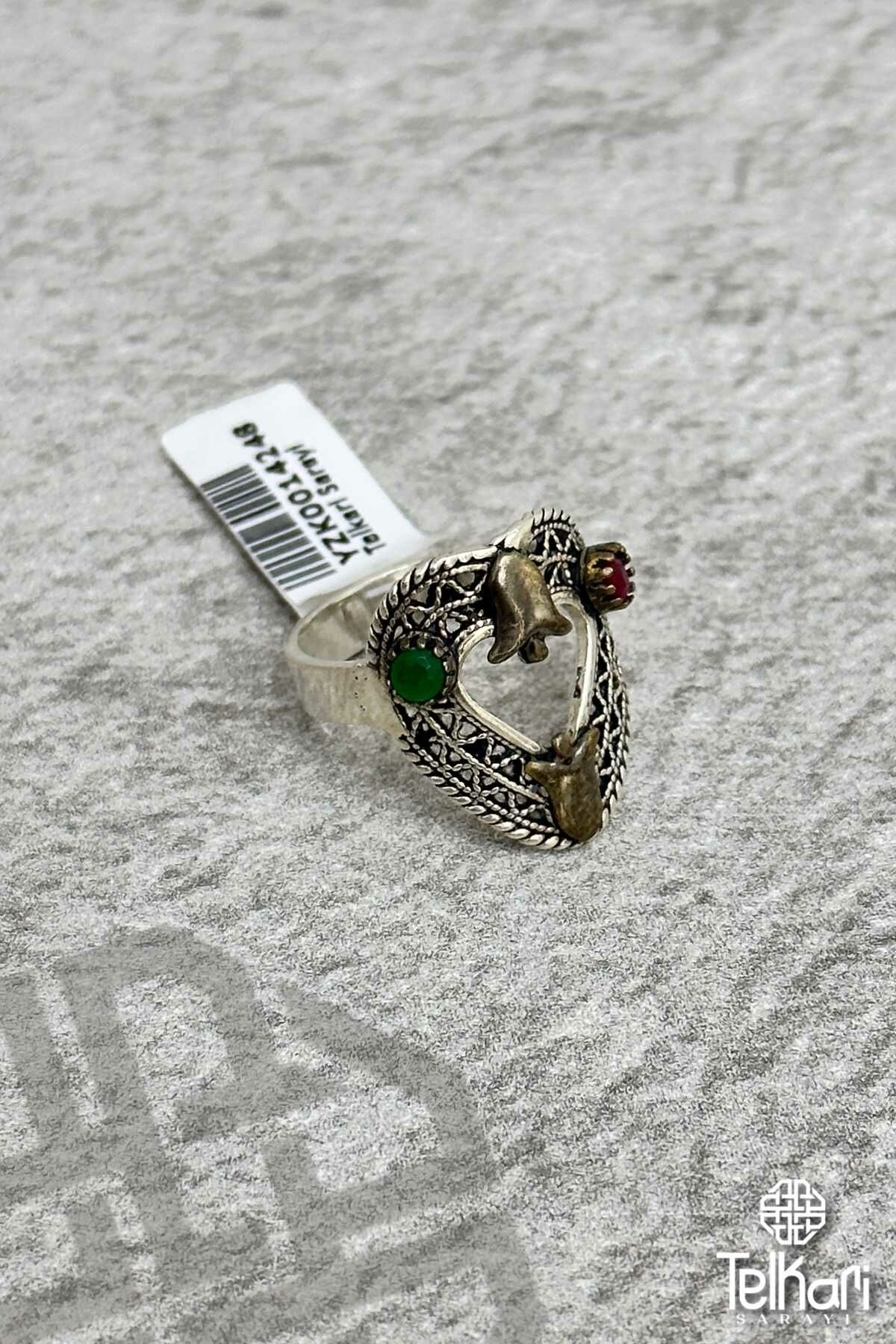 Kalp Model Gül Detaylı Doğal Taşlı Midyat Oksitli Telkari Gümüş Yüzük