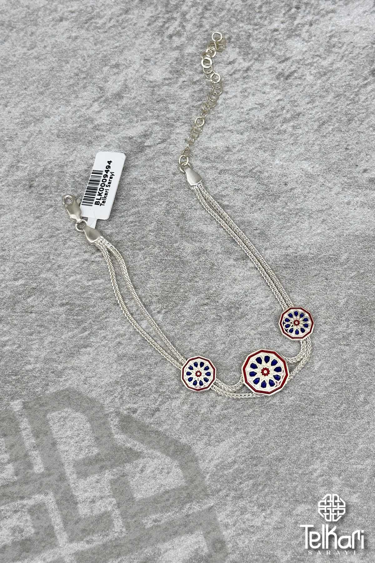 Mavi Kırmızı Mineli Midyat Hasırı Gümüş Bileklik