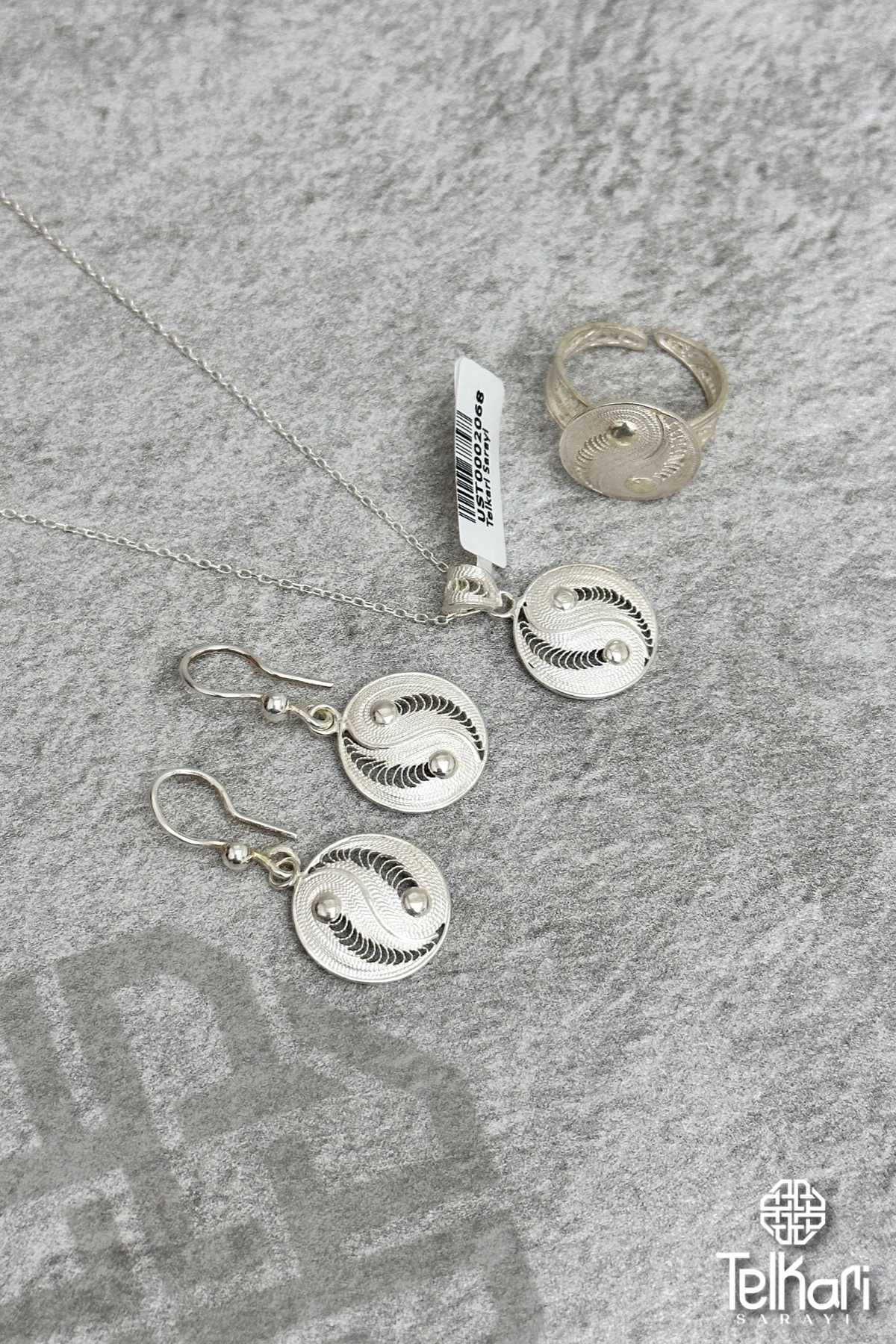 Yin Yang Sembol Telkari Gümüş Üçlü Set