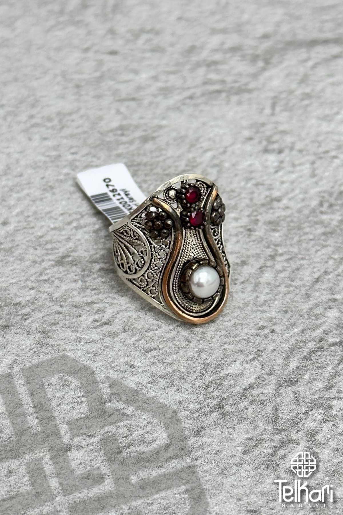 İncili Tasarım Oksitli Telkari Gümüş Yüzük