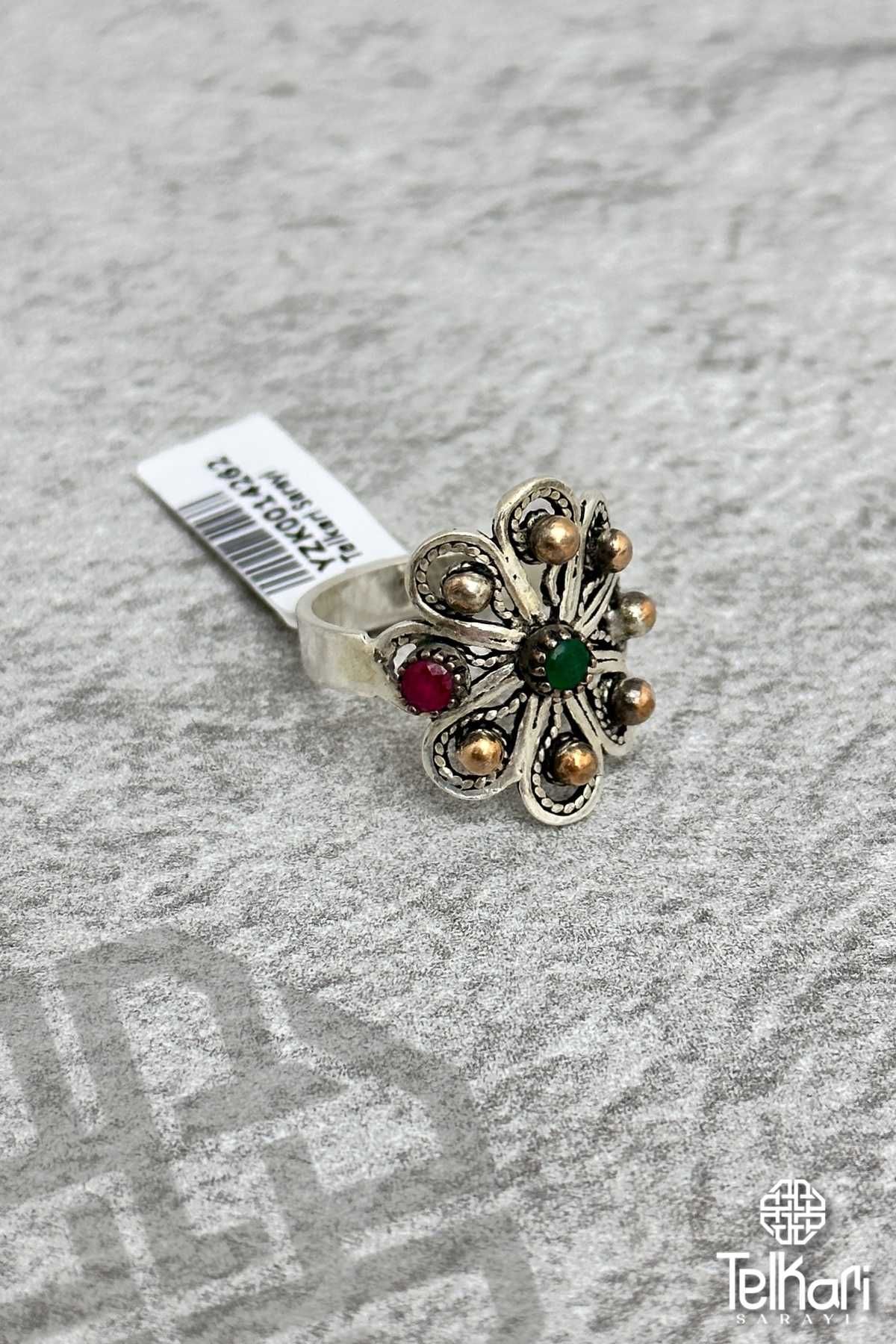 Doğal Taşlı Oksitli Telkari Gümüş Yüzük