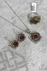 Kare Model Kök Yakut Taşlı Midyat Oksitli Telkari Gümüş Üçlü Set