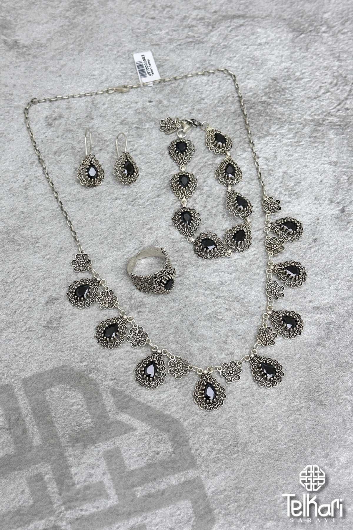 Damla Model Onix Taşlı Midyat Oksitli Telkari Gümüş Üçlü Set