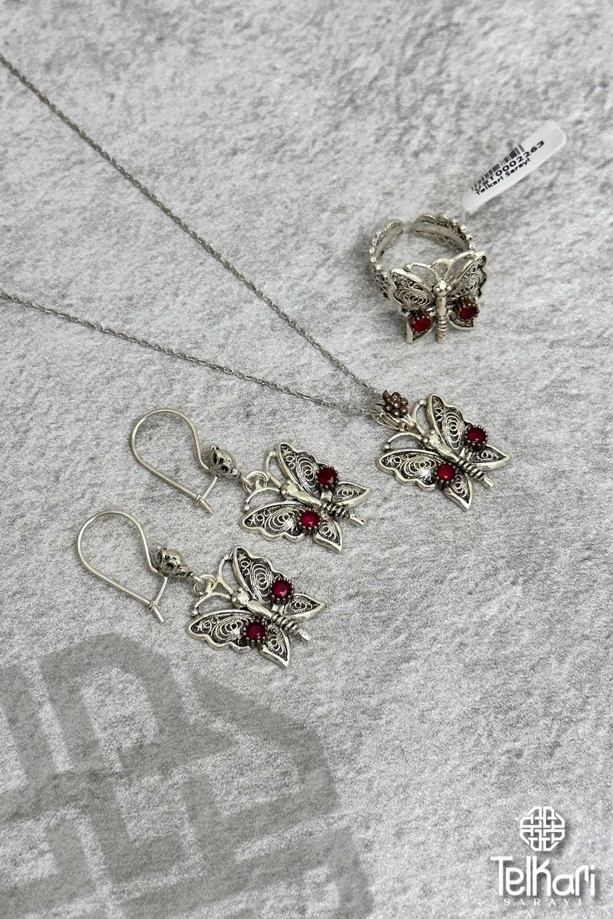 Kelebek Model Kök Yakut Taşlı Midyat Oksitli Telkari Gümüş Üçlü Set