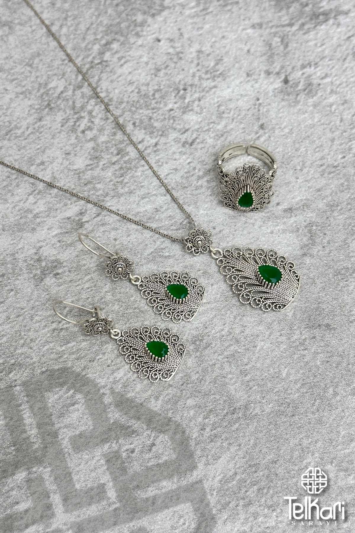 Damla Model Zümrüt Taşlı Midyat Oksitli Telkari Gümüş Üçlü Set