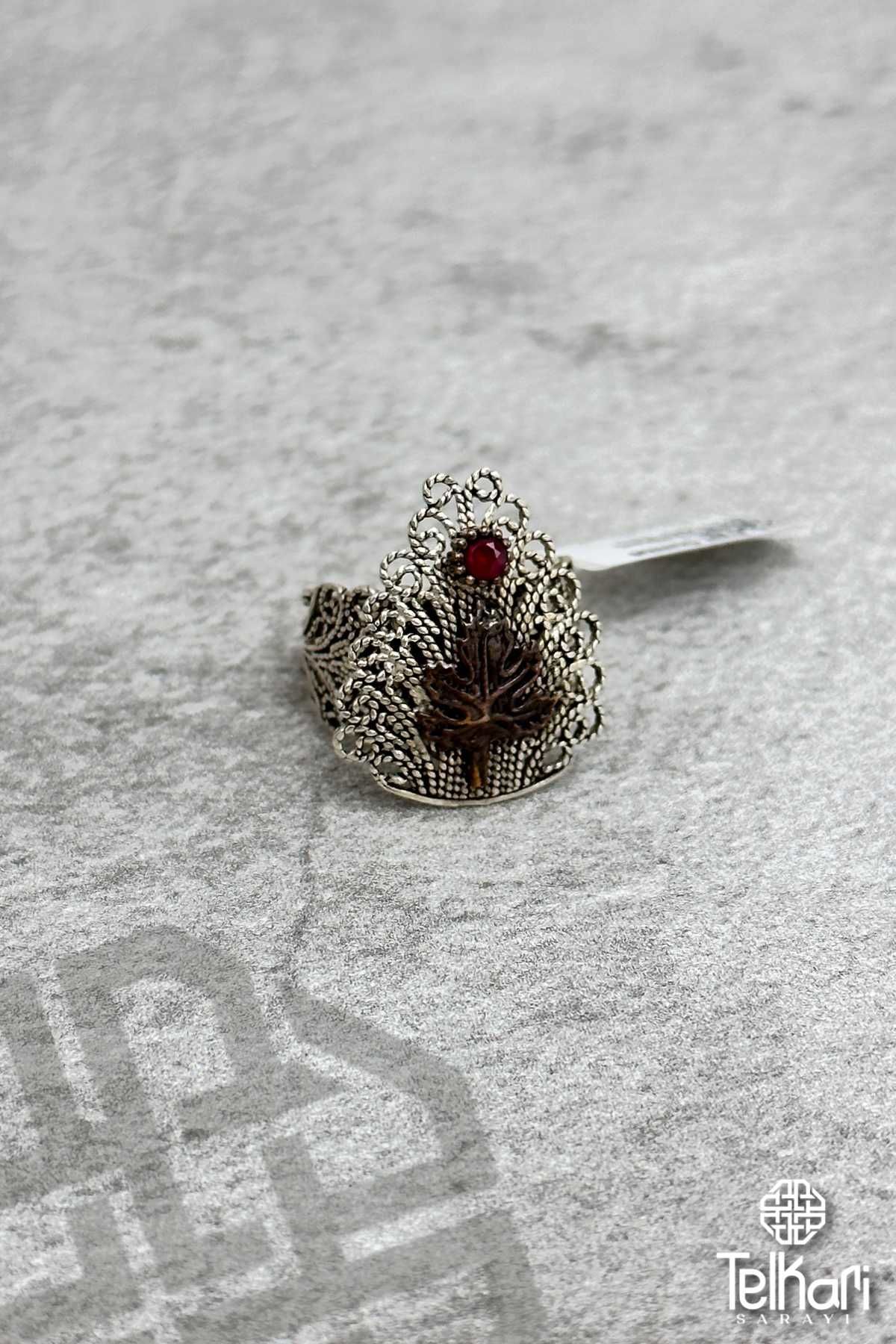 Damla Model Yaprak Detaylı Oksitli Telkari Gümüş Yüzük