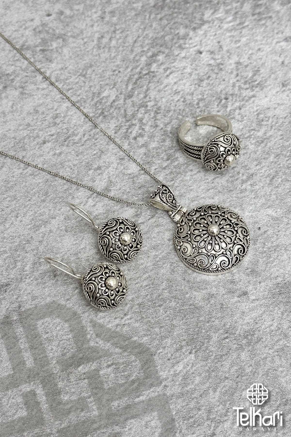 Otantik İşleme Midyat Oksitli Telkari Gümüş Üçlü Set