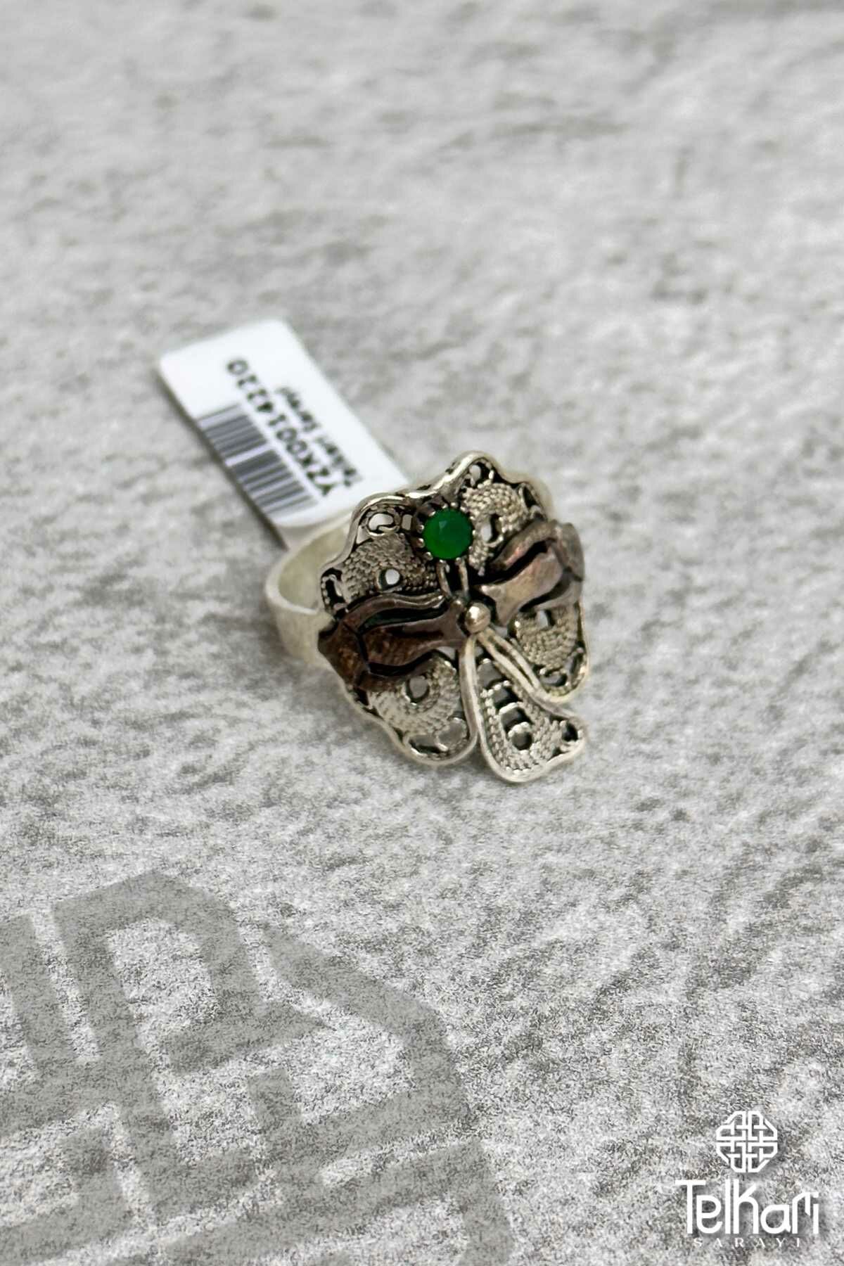 Kök Zümrüt Taşlı Oksitli Telkari Gümüş Yüzük