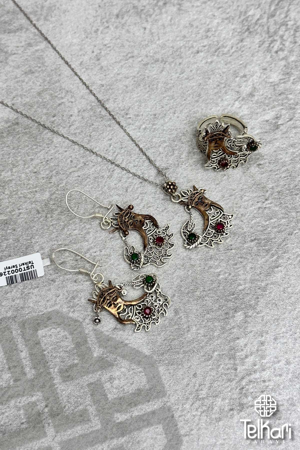 Şahmeran Model Midyat Oksitli Telkari Gümüş Üçlü Set