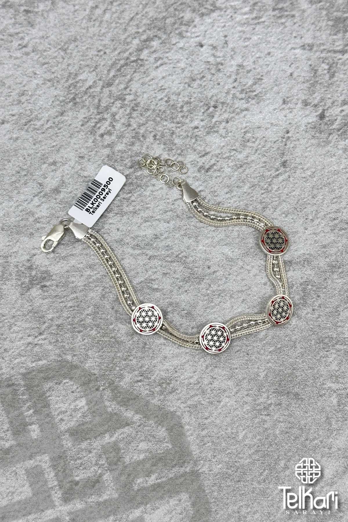 Yaşam Çiçeği Motifli Midyat Hasırı Gümüş Bileklik