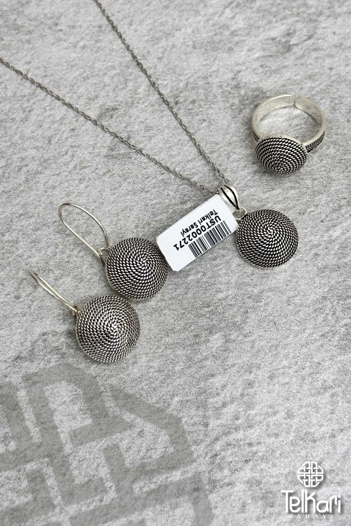 Küçük Boy Sarmal Model Midyat Oksitli Telkari Gümüş Üçlü Set