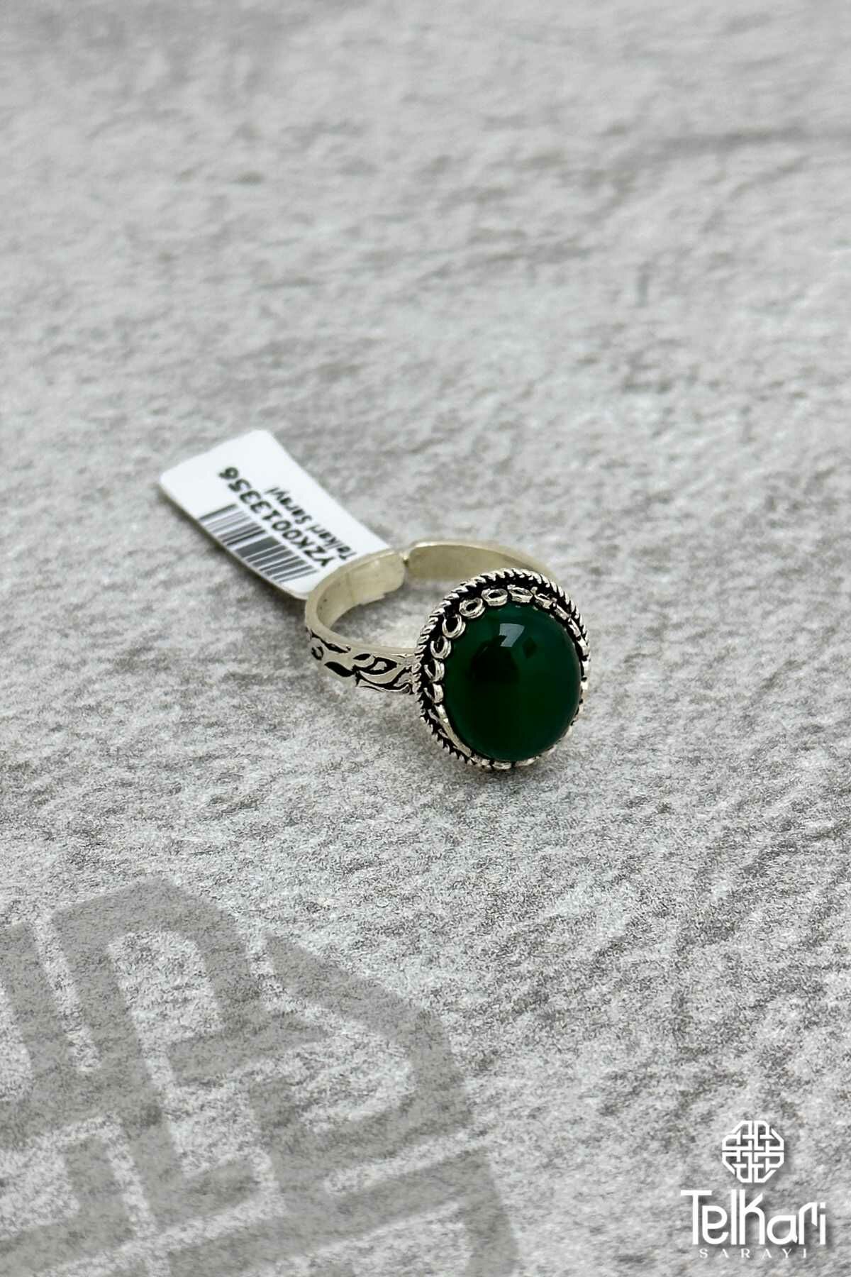 Yeşim Taşlı Midyat Hasırı Gümüş Yüzük