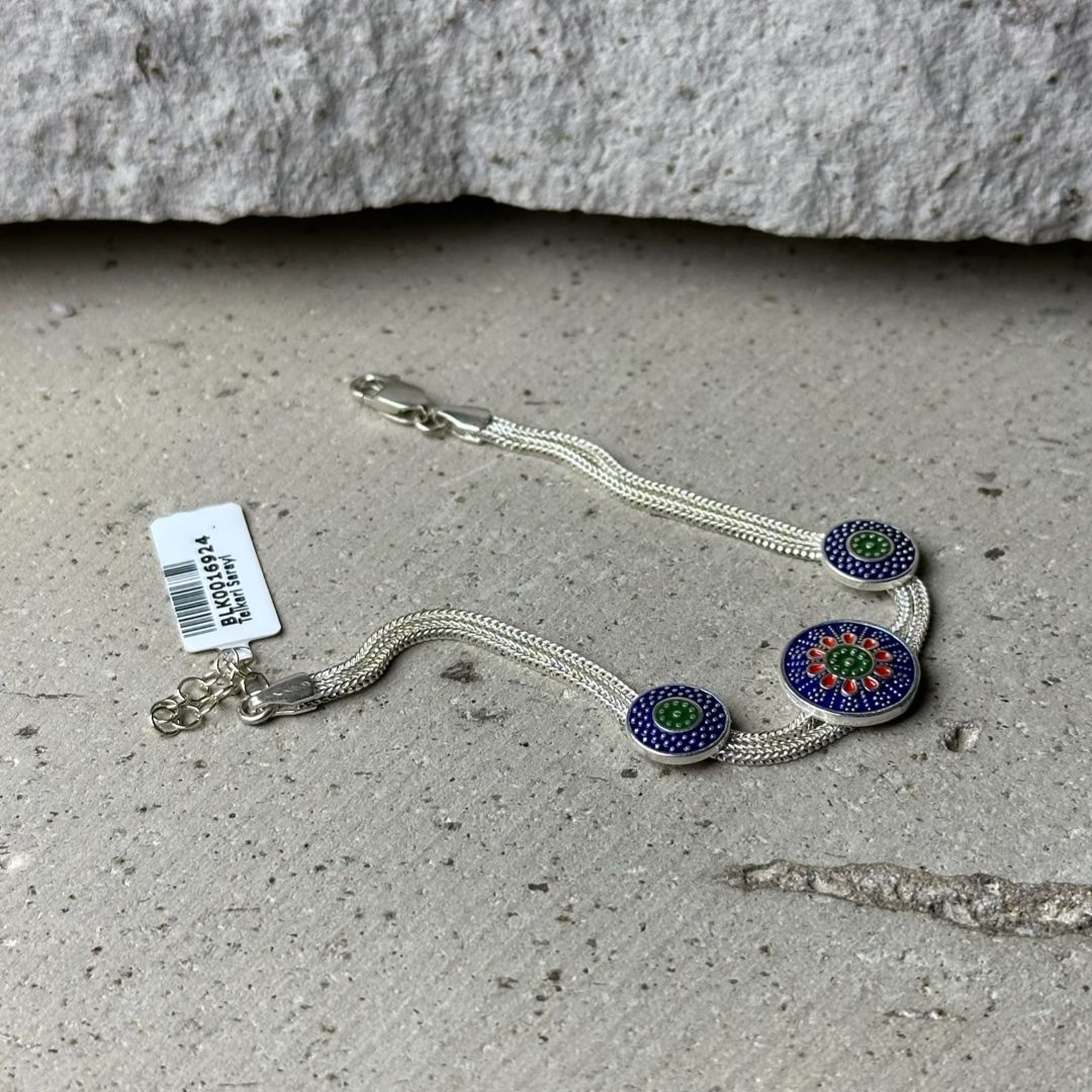 925 Ayar Çiçek Motifli Mine İşleme Midyat Hasırı Gümüş Bileklik