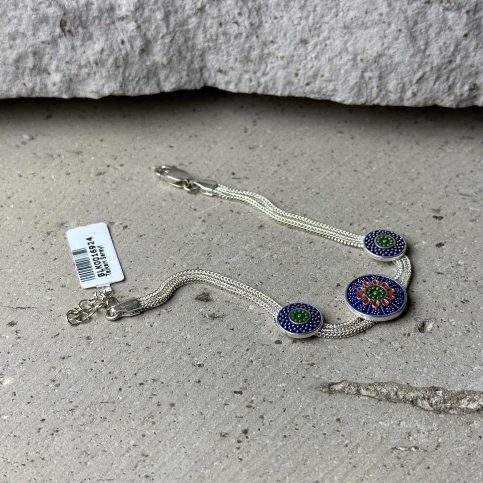 925 Ayar Çiçek Motifli Mine İşleme Midyat Hasırı Gümüş Bileklik