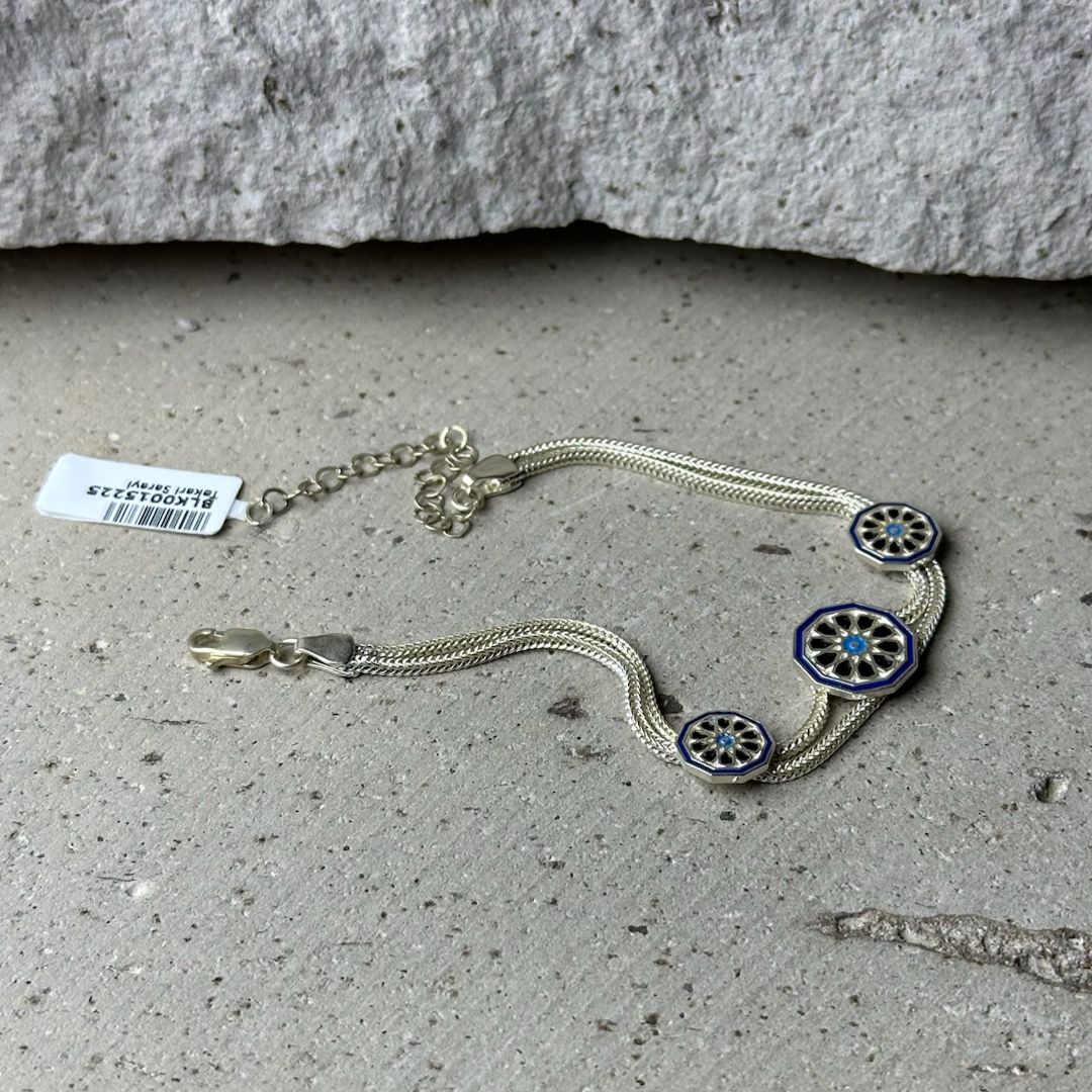 925 Ayar Mavi Beyaz Midyat Hasırı Gümüş Bileklik