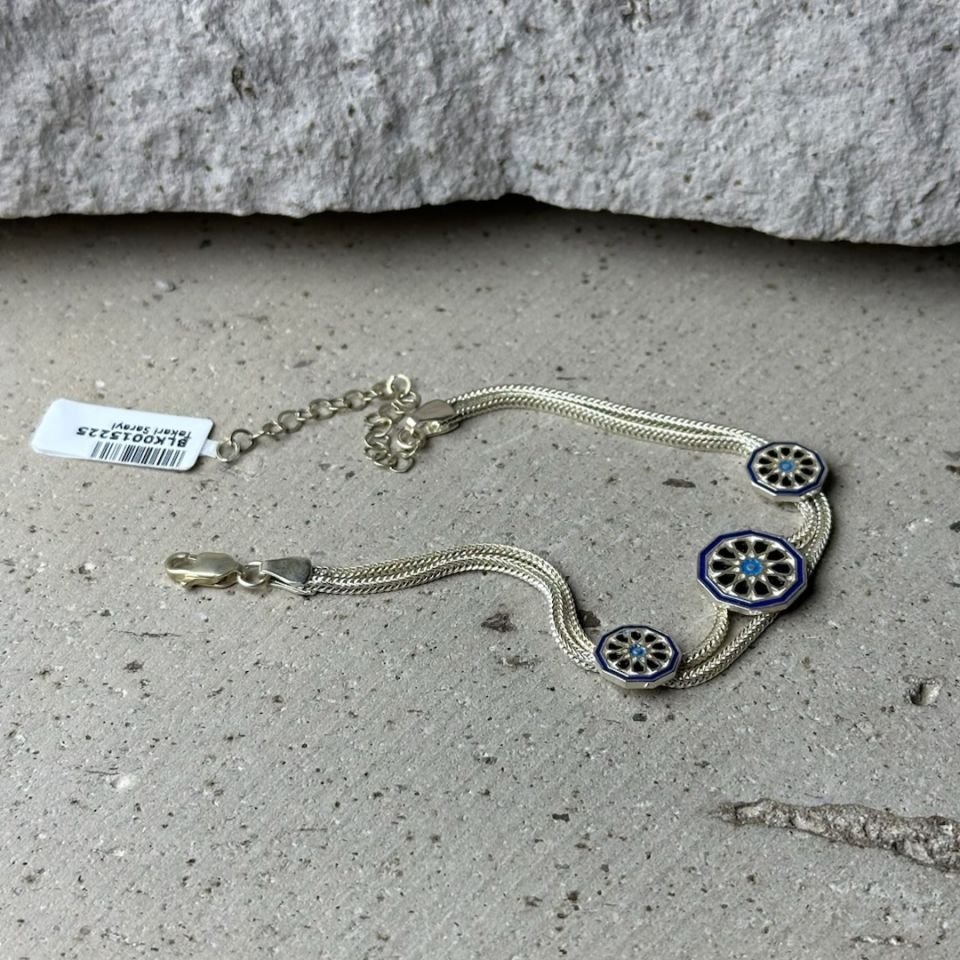 925 Ayar Mavi Beyaz Midyat Hasırı Gümüş Bileklik