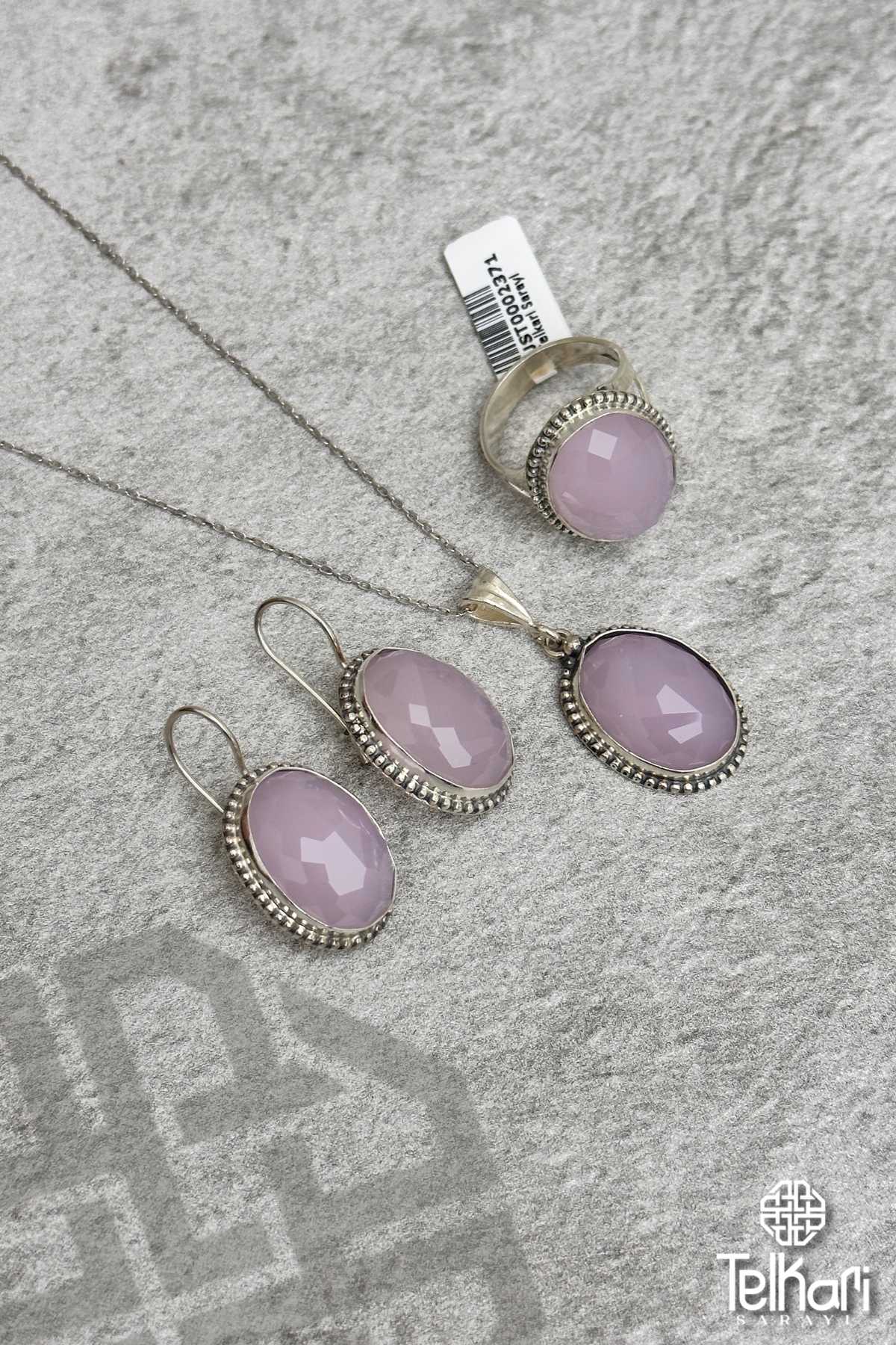 Pembe Kuvars Taşlı Gümüş Üçlü Set