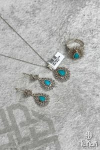 Firuze Taşlı Midyat Oksitli Telkari Gümüş Üçlü Set