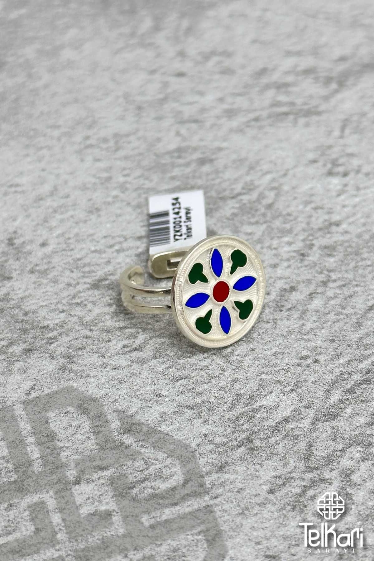 Renkli Mine İşlemeli Midyat Hasırı Gümüş Yüzük