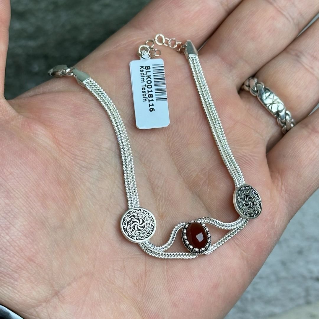 Doğal Akik Taşlı 925 Ayar Midyat Hasırı Gümüş Bileklik