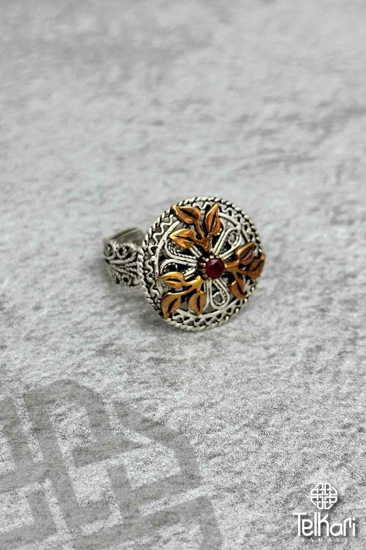 Kök Yakut Taşlı Oksitli Telkari Gümüş Yüzük