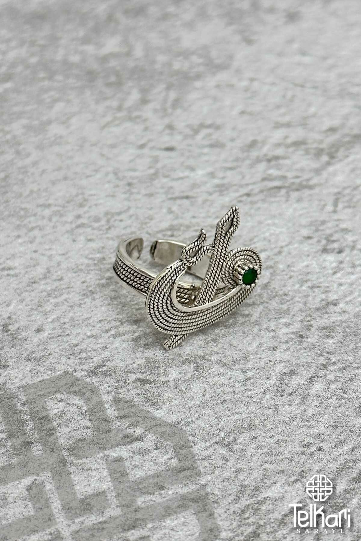 Vav Elif  Detaylı Doğal Taşlı Oksitli Telkari Gümüş Yüzük