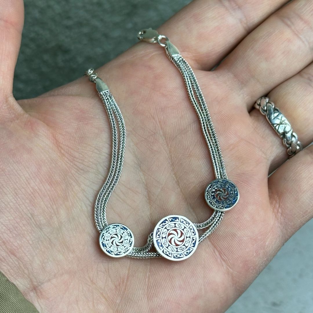 Rüzgar Gülü Desenli 925 Ayar Midyat Hasırı Gümüş Bileklik