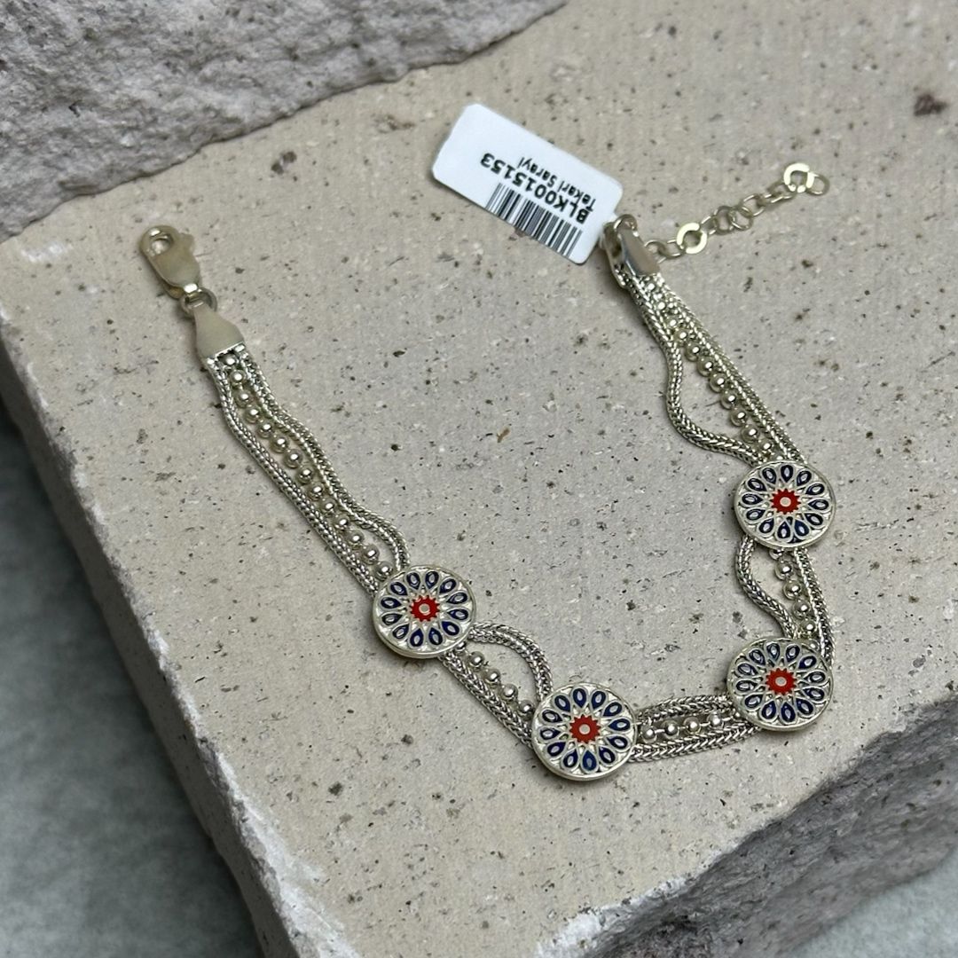 Mineli Sıralı 925 Ayar Midyat Hasırı Gümüş Bileklik