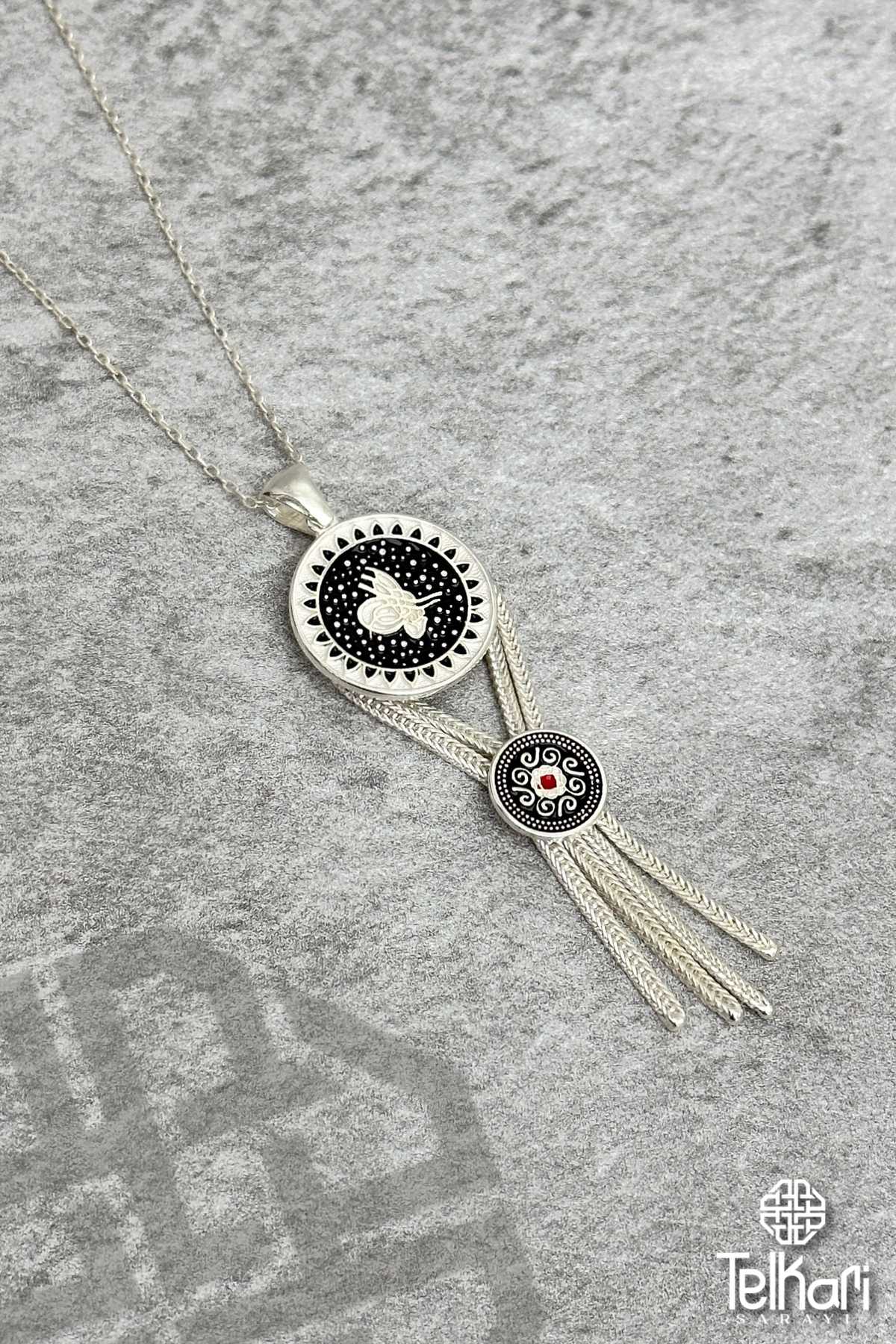 Osmanlı  Tuğra Motifli Mine İşlemeli Midyat Hasırı Gümüş Kolye