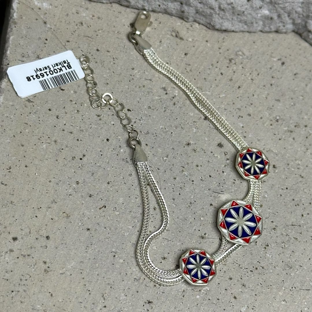 Mavi Kırmızı Çiçek Figürlü 925 Ayar Midyat Hasırı Gümüş Bileklik