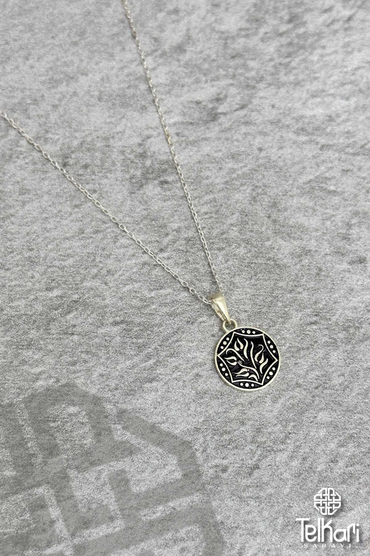 Dal Motifli Mine İşlemeli Midyat Hasırı Gümüş Kolye