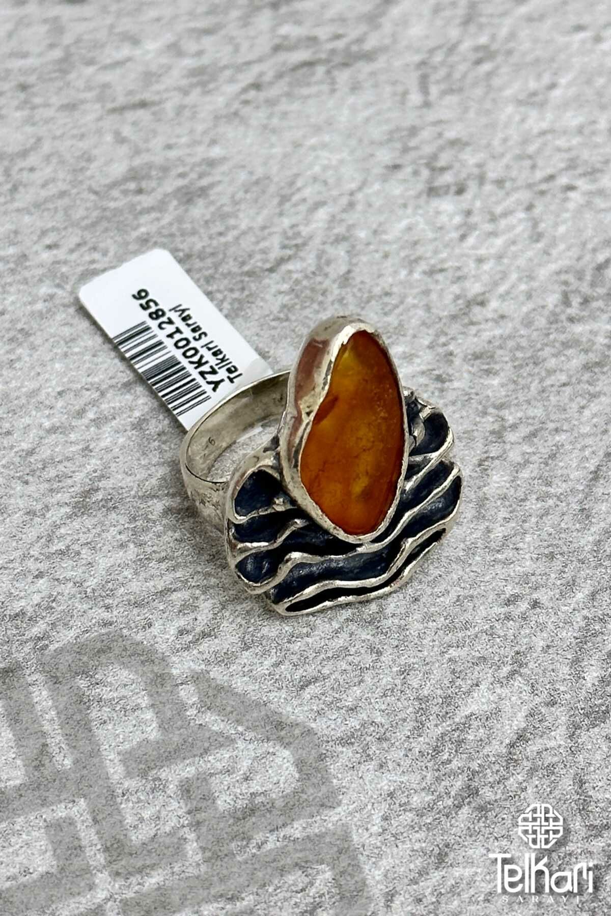 Otantik Damla Kehribar Taşlı Gümüş Yüzük