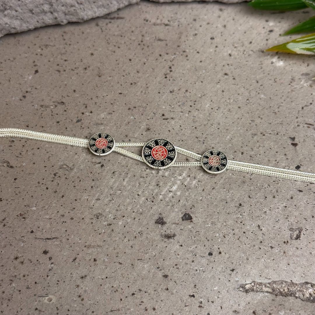 Kırmızı Siyah Mineli Otantik Tasarım 925 Ayar Midyat Hasırı Oksitli Gümüş Bileklik