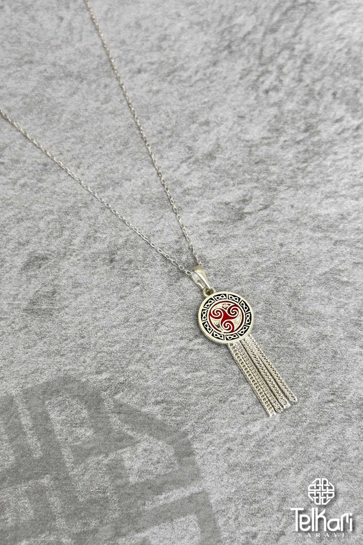 Sarmal Motifli Mine İşlemeli Midyat Hasırı Gümüş Kolye