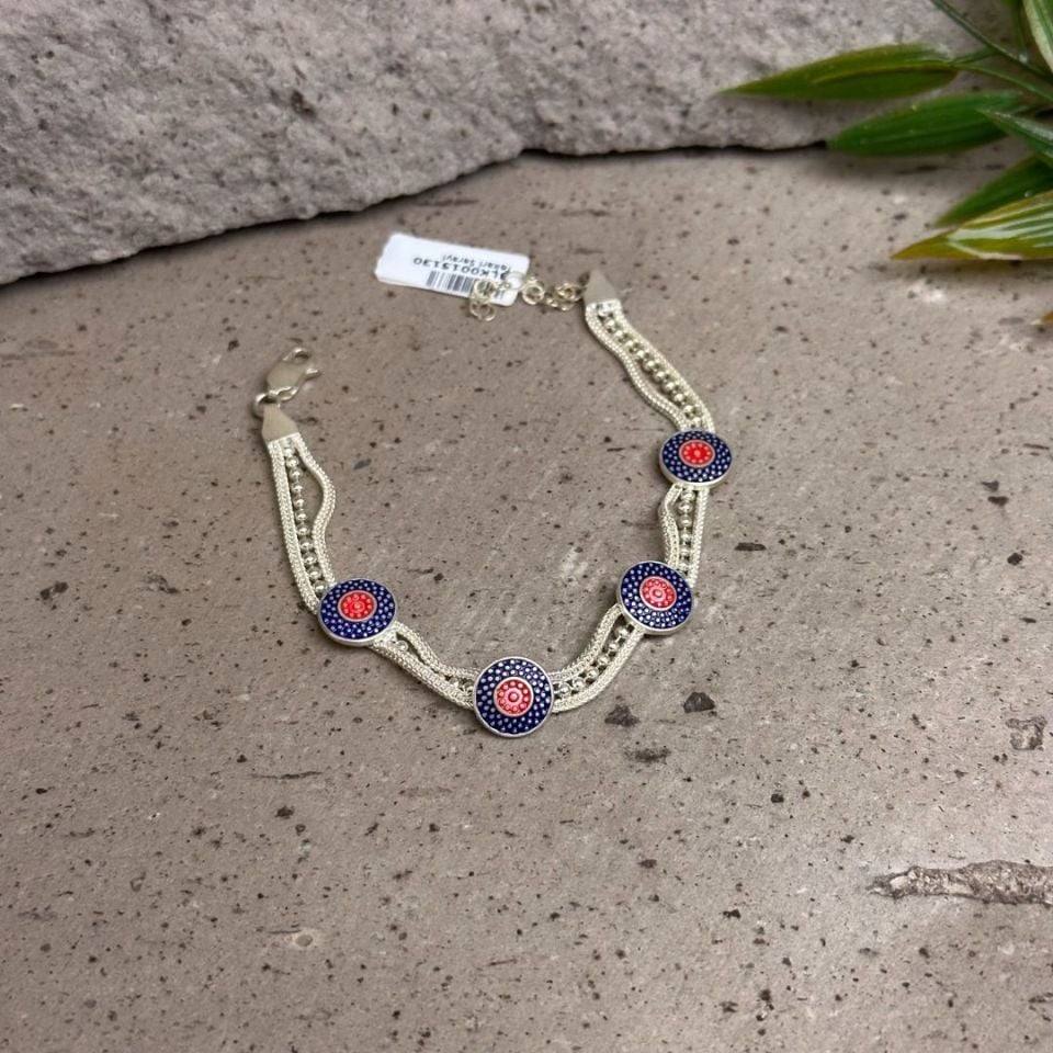 Sıralı Mavili El İşi 925 Ayar Midyat Hasırı Oksitli Gümüş Bileklik