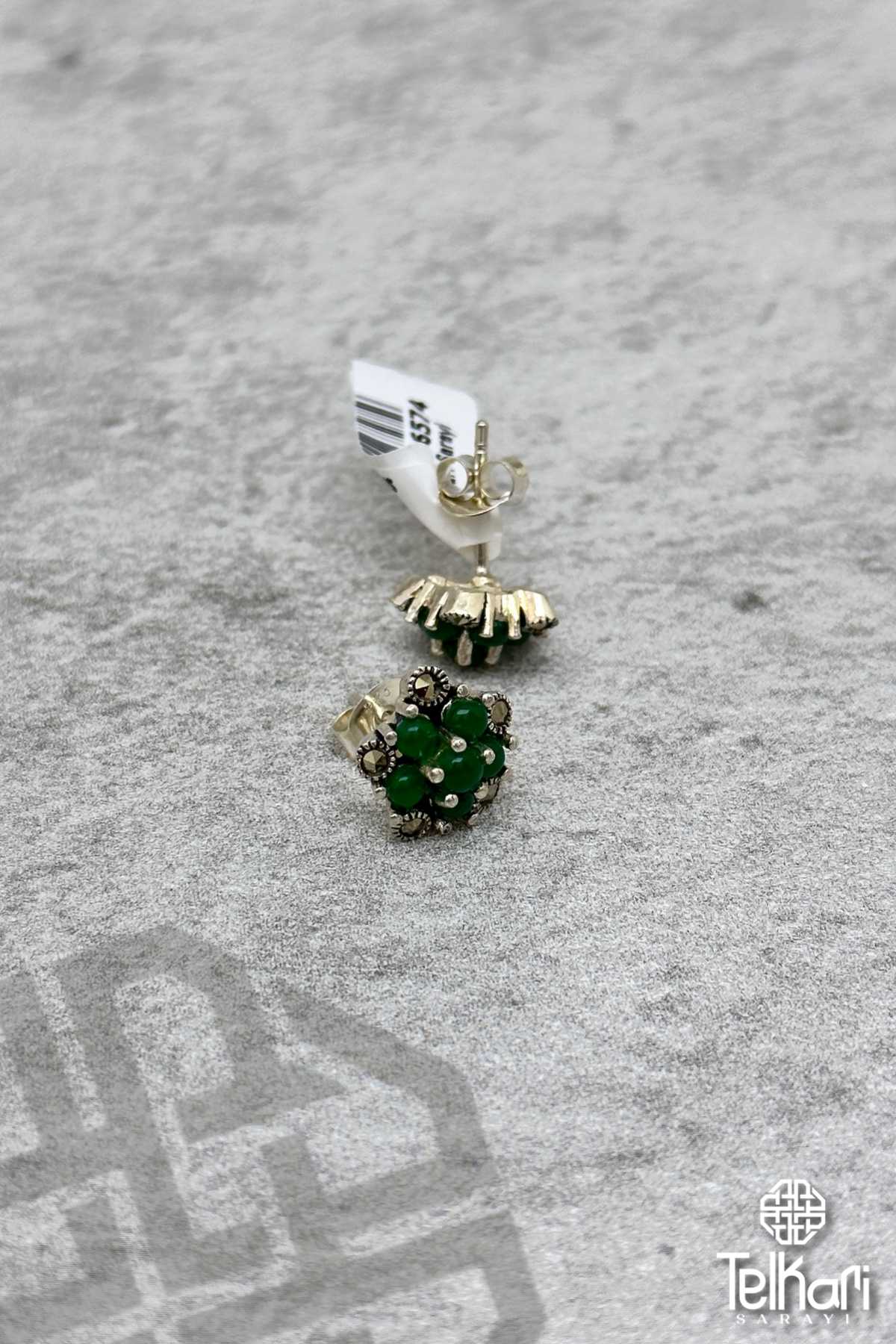 Yeşim Taşlı Gümüş Markazit Küpe