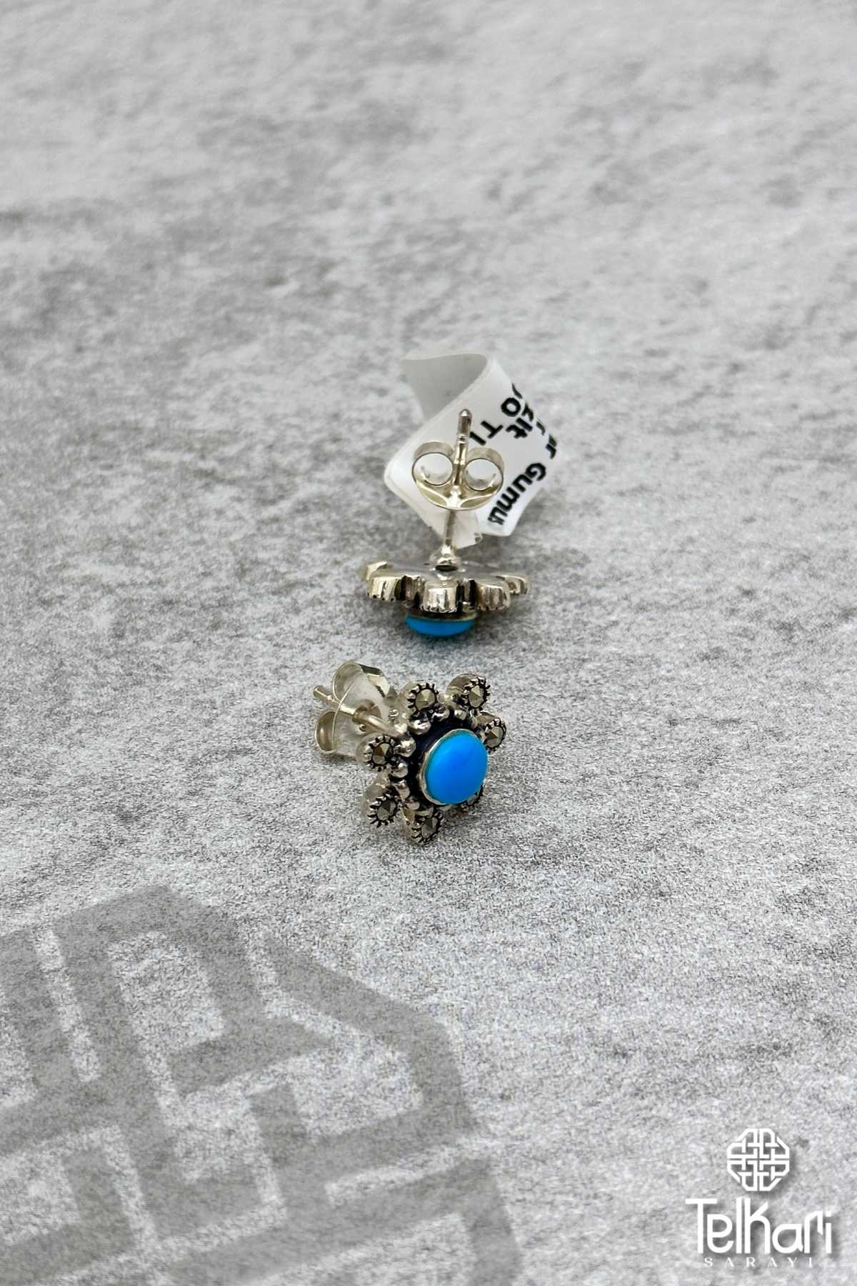 Firuze Taşlı Güneş Model Gümüş Markazit Küpe