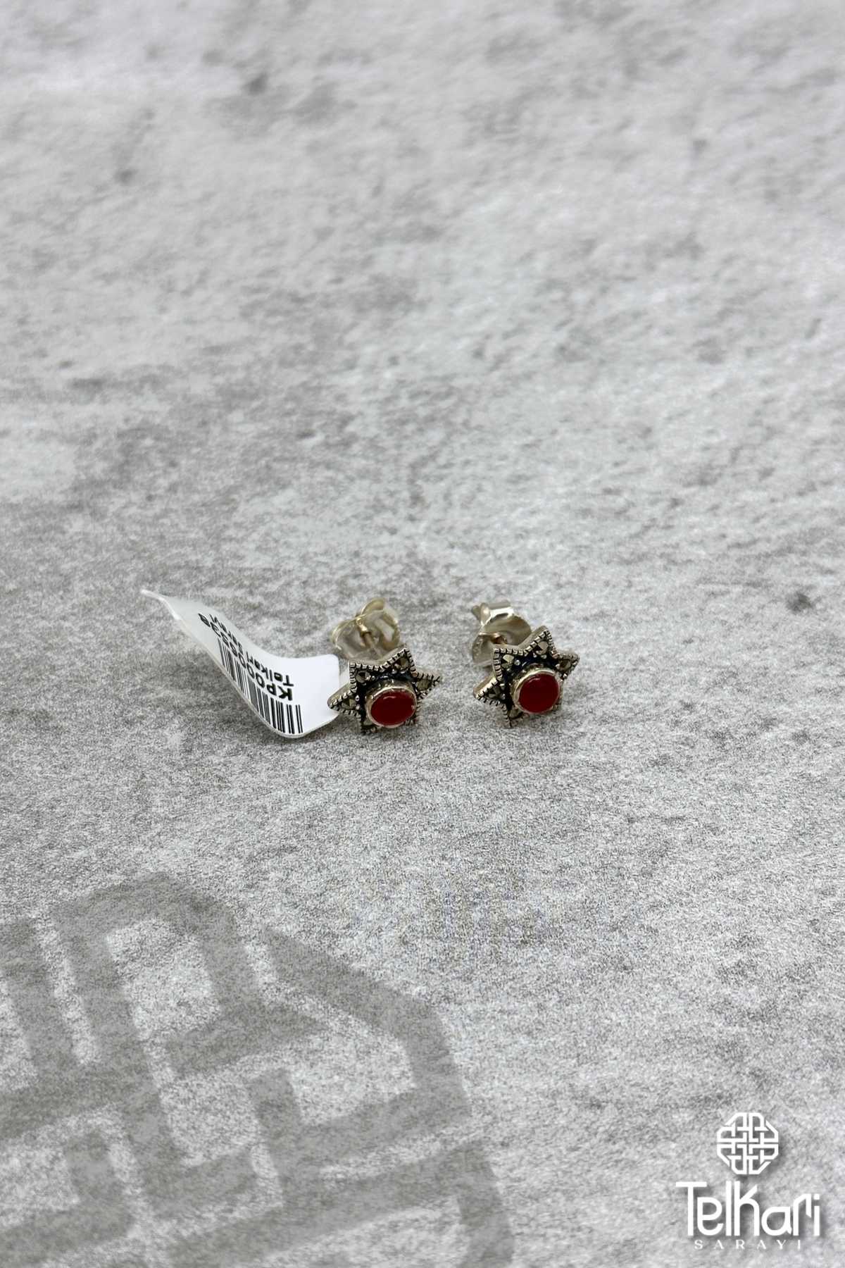 Akik Taşlı Yıldız Model Gümüş Markazit Küpe