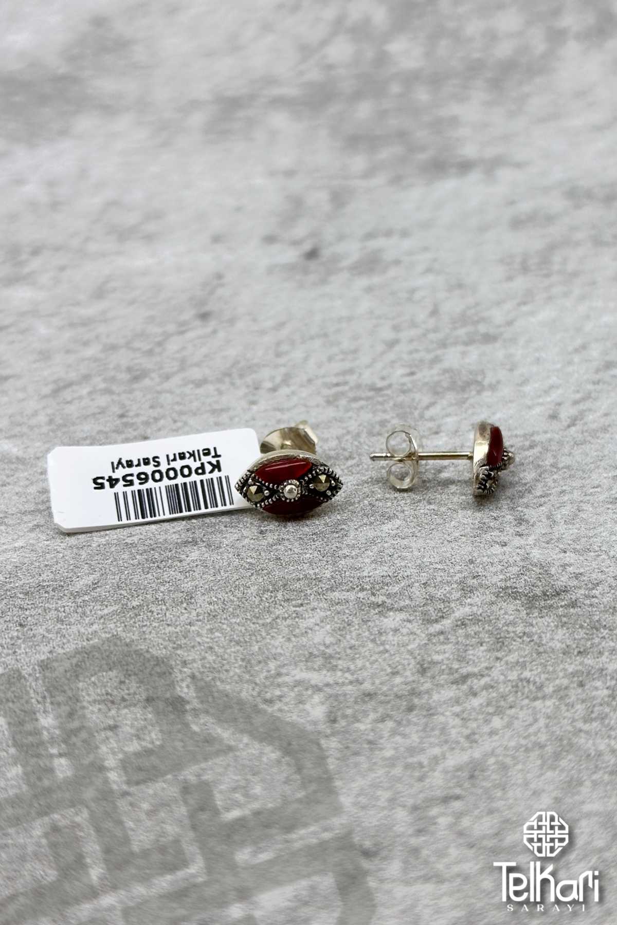 Akik Taşlı Minimal Model Gümüş Markazit Küpe