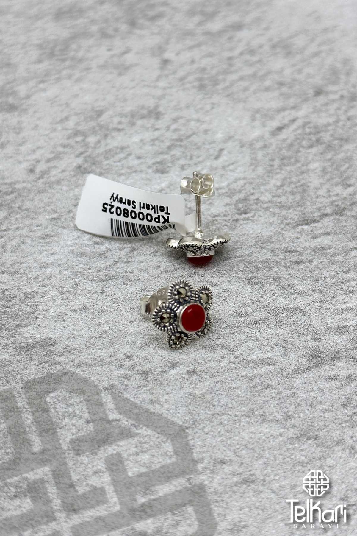 Çiçek Model Akik Taşlı Gümüş Markazit Küpe